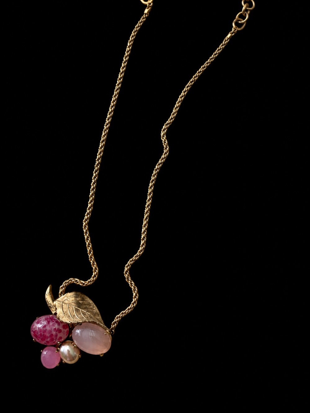 Dior Gold Leaf Necklace with Pink and Pearl Accents